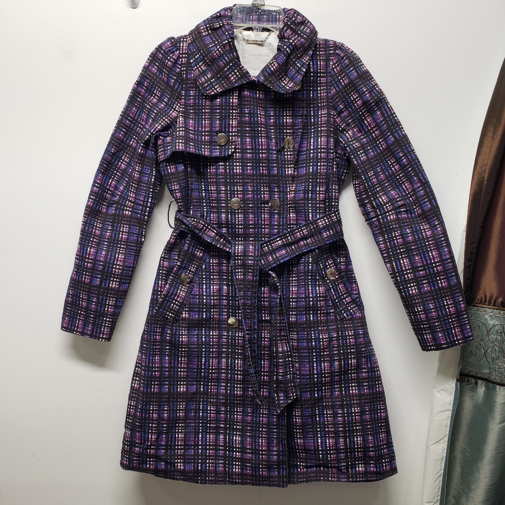 Richard Chai for Target Plaid Trench Coat Size S Purple Blue Double Breasted Mod